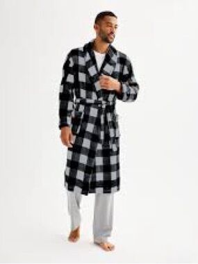 SEALED Sanoma by Kohl’s:Men's Black & White Plaid Supersoft Long Plush Robe S/M